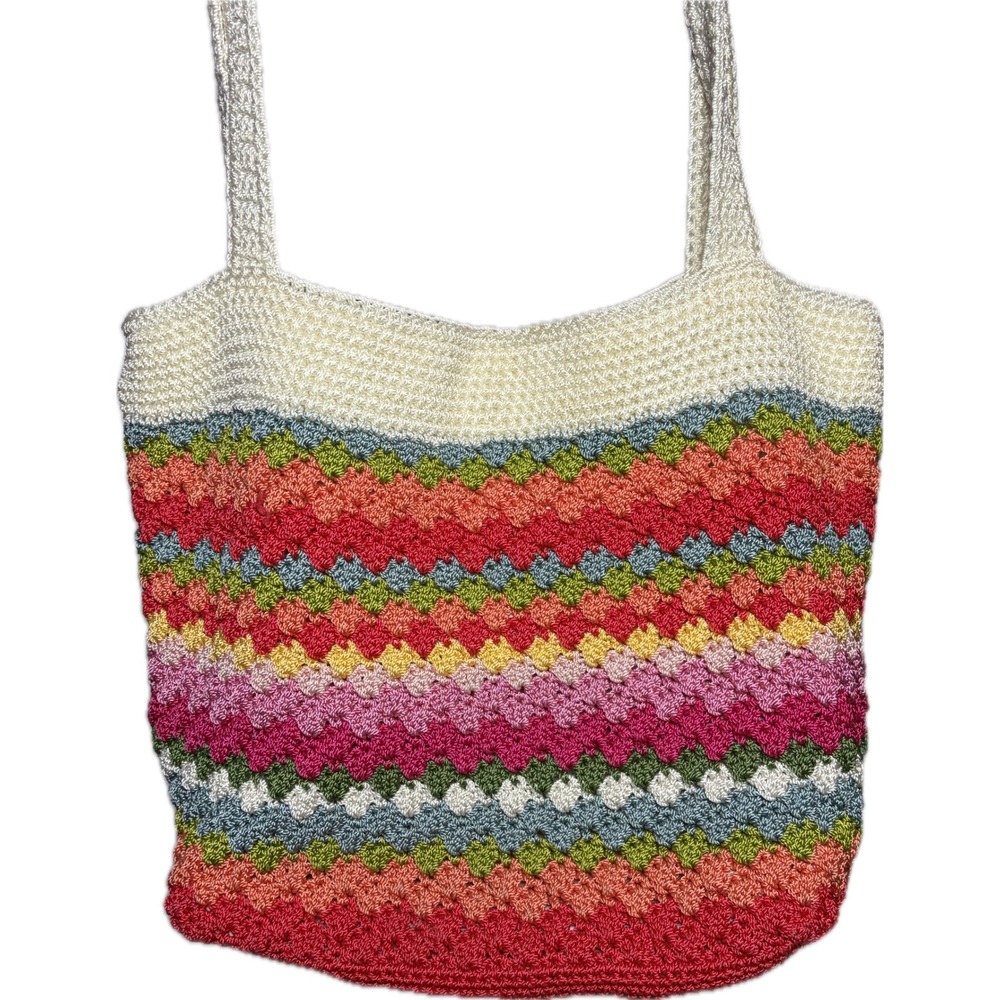 The Sak Crochet Tote Bag Rainbow Boho Hippie Multi Color Knit Large‎ Purse 90s